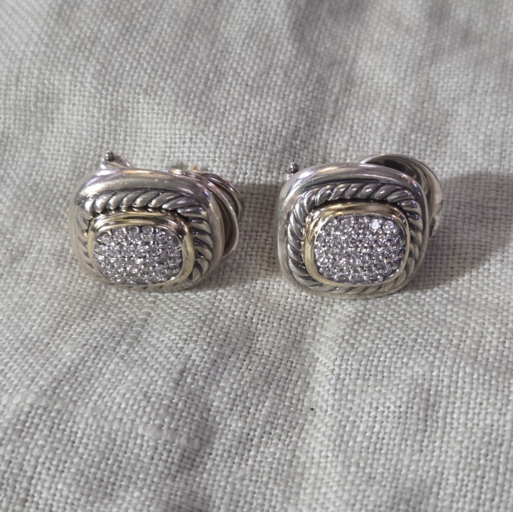 David Yurman Pave Diamond Albion Earrings, SS & 14k, Omega Backs - Picture 5 of 13